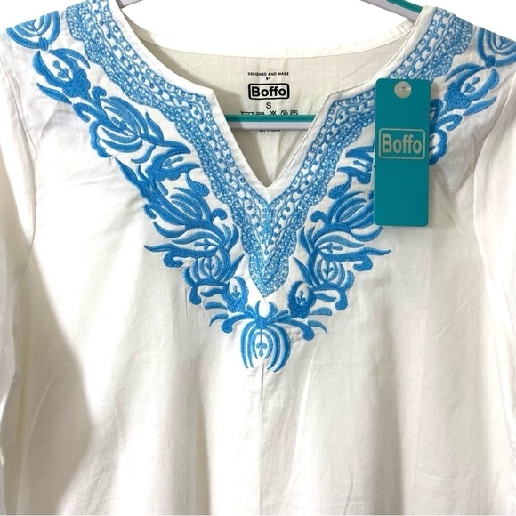 Boffo Tunic Top 100% Cotton Made in India Blue Embroidered Beach Cover N… - Picture 5 of 9